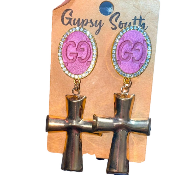 Gypsy South Jewelry - NWT GYPSY SOUTH Upcycled GG Earrings Dangle Crosses Rhinestone Crystals Gold